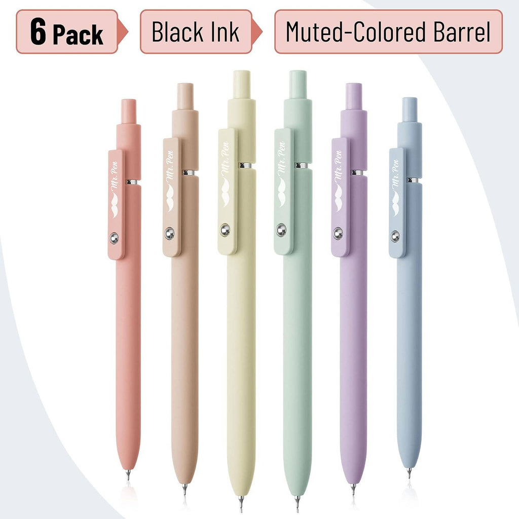 Retractable Gel Pens, 6 Pack, 0.5mm Fine Point, Pastel Color Barrels, Black Ink: Standard