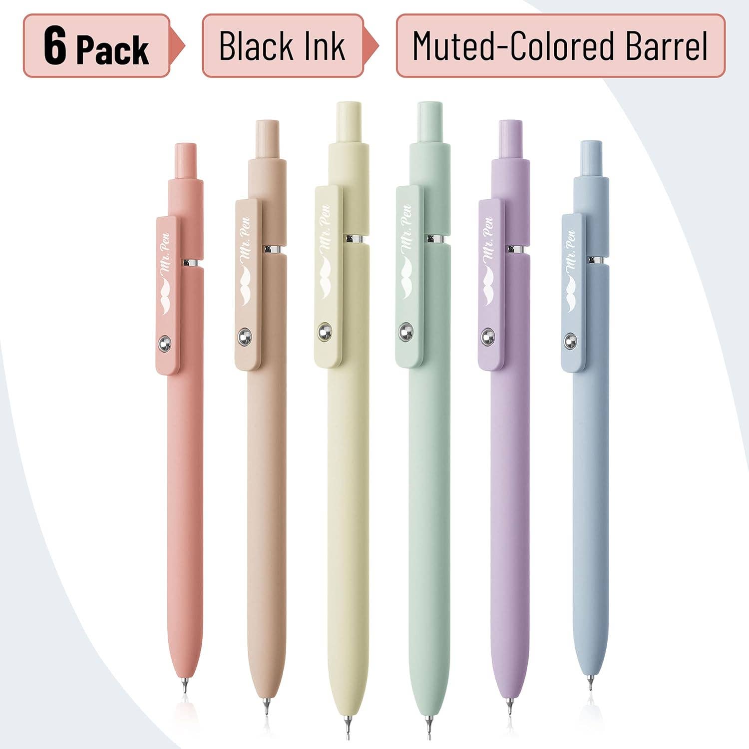 Retractable Gel Pens, 6 Pack, 0.5mm Fine Point, Pastel Color Barrels, Black Ink: Standard