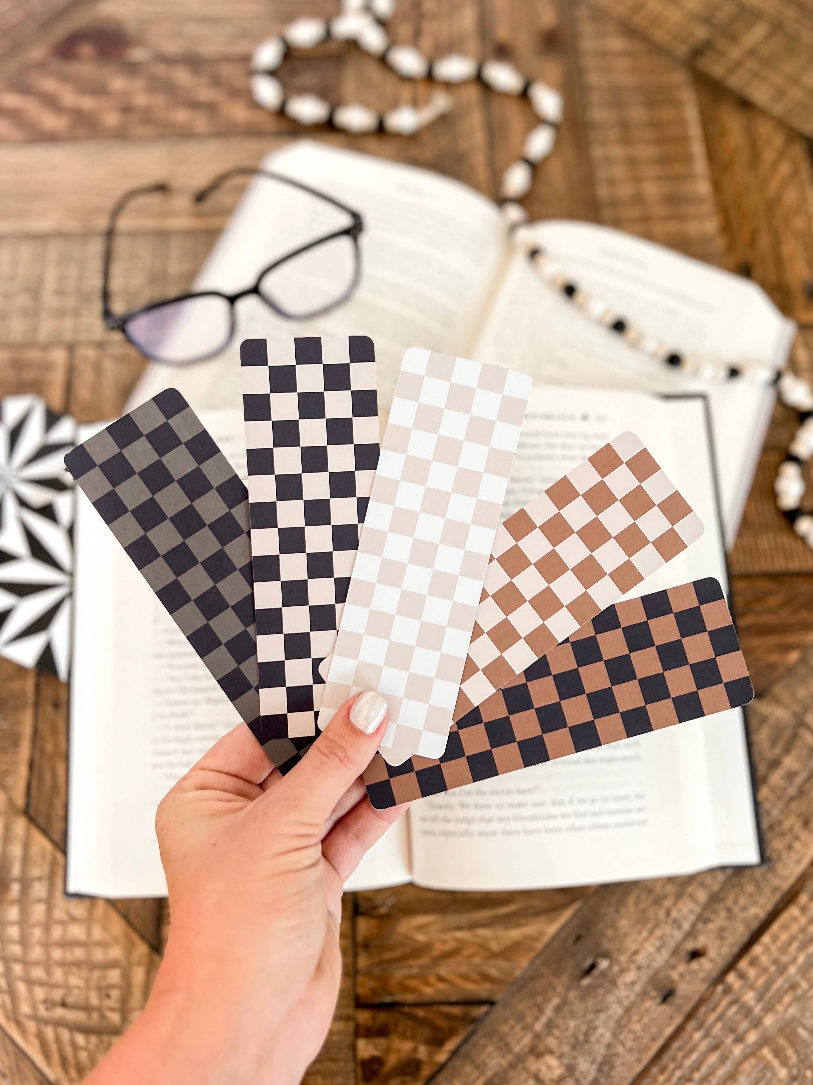 Neutral Checkered Bookmark: Caramel on Beige / Soft Touch Matte