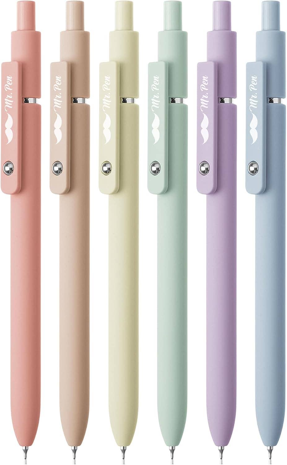 Retractable Gel Pens, 6 Pack, 0.5mm Fine Point, Pastel Color Barrels, Black Ink: Standard