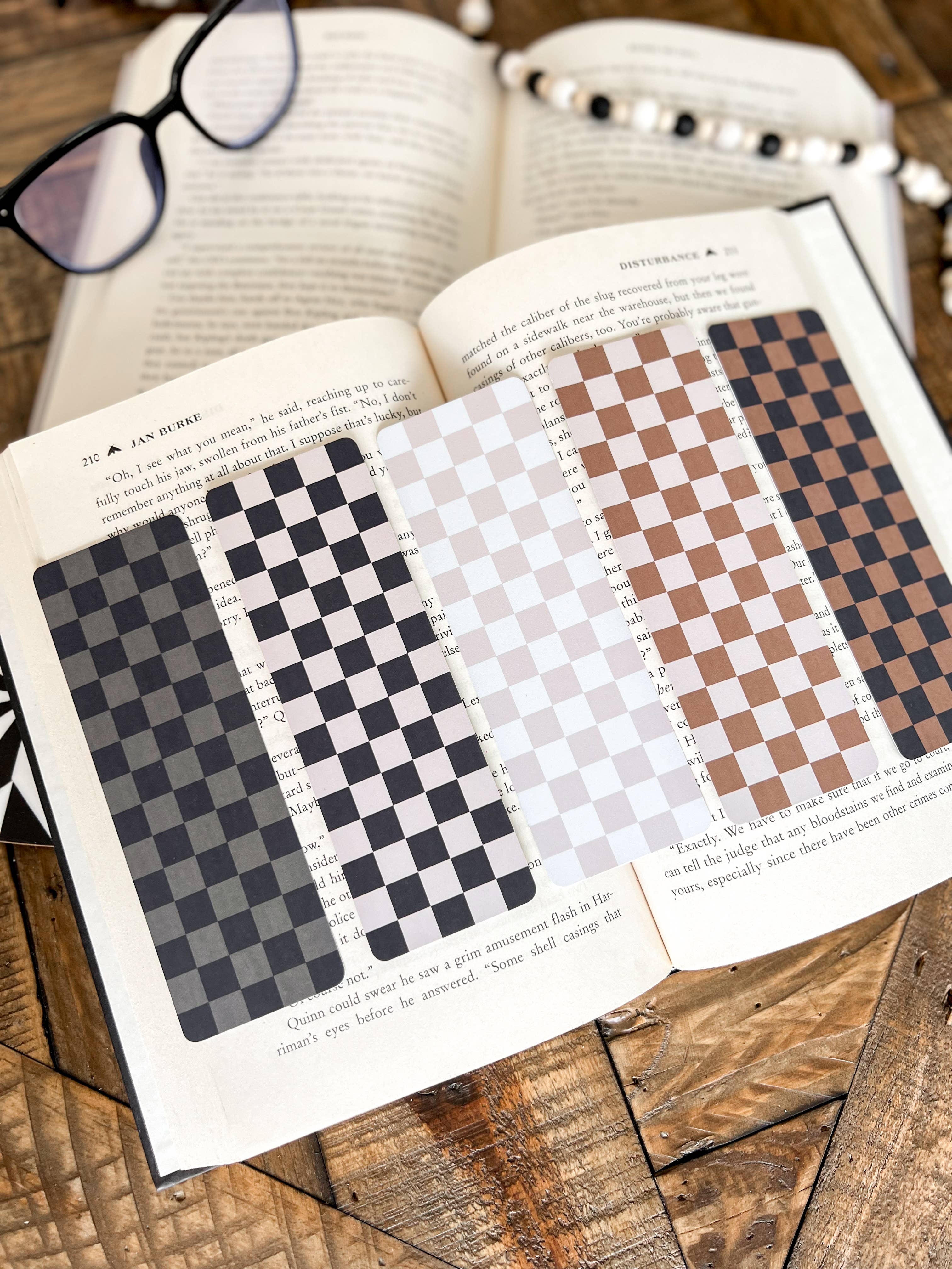 Neutral Checkered Bookmark: Caramel on Beige / Soft Touch Matte