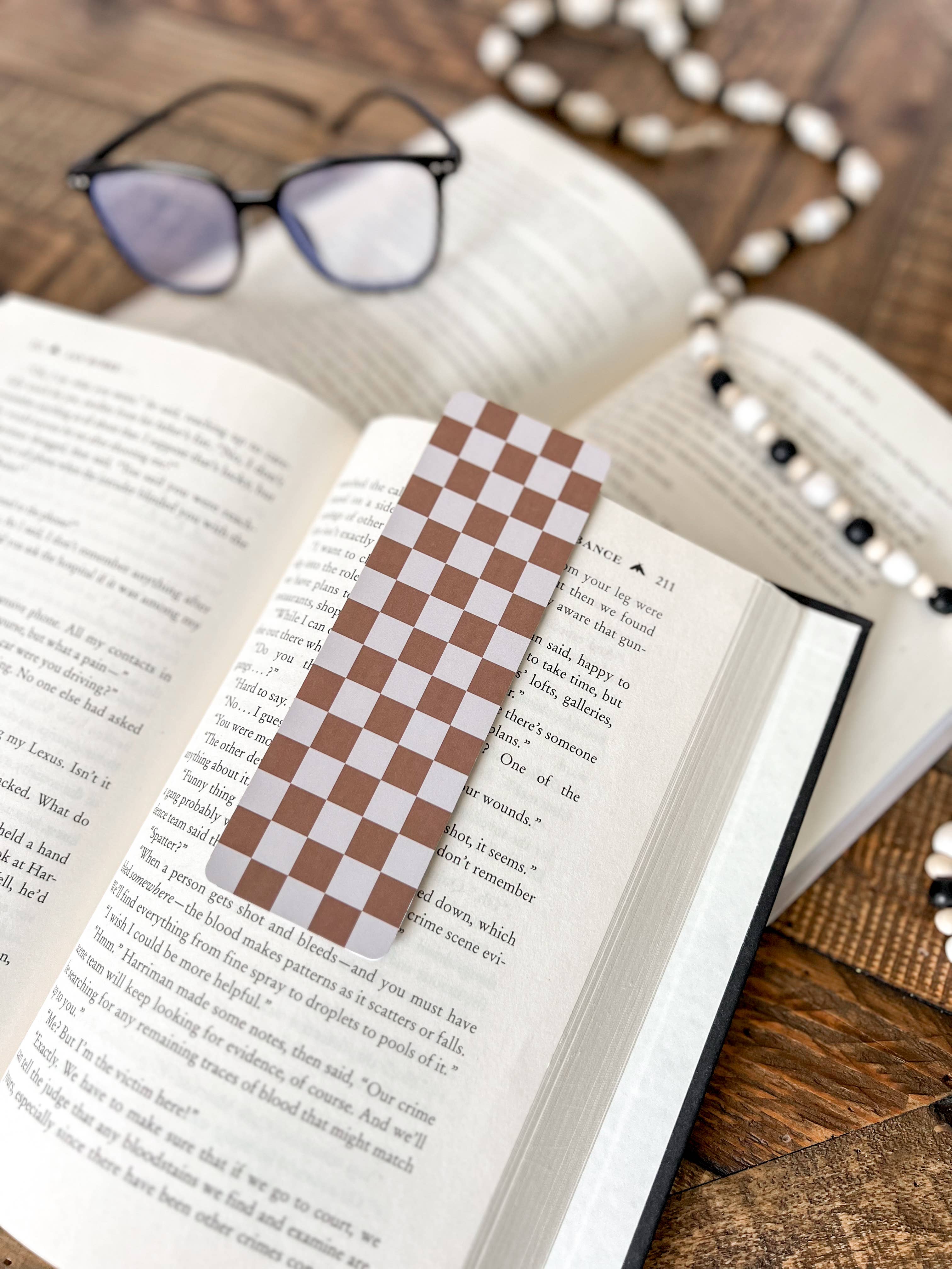 Neutral Checkered Bookmark: Caramel on Beige / Soft Touch Matte