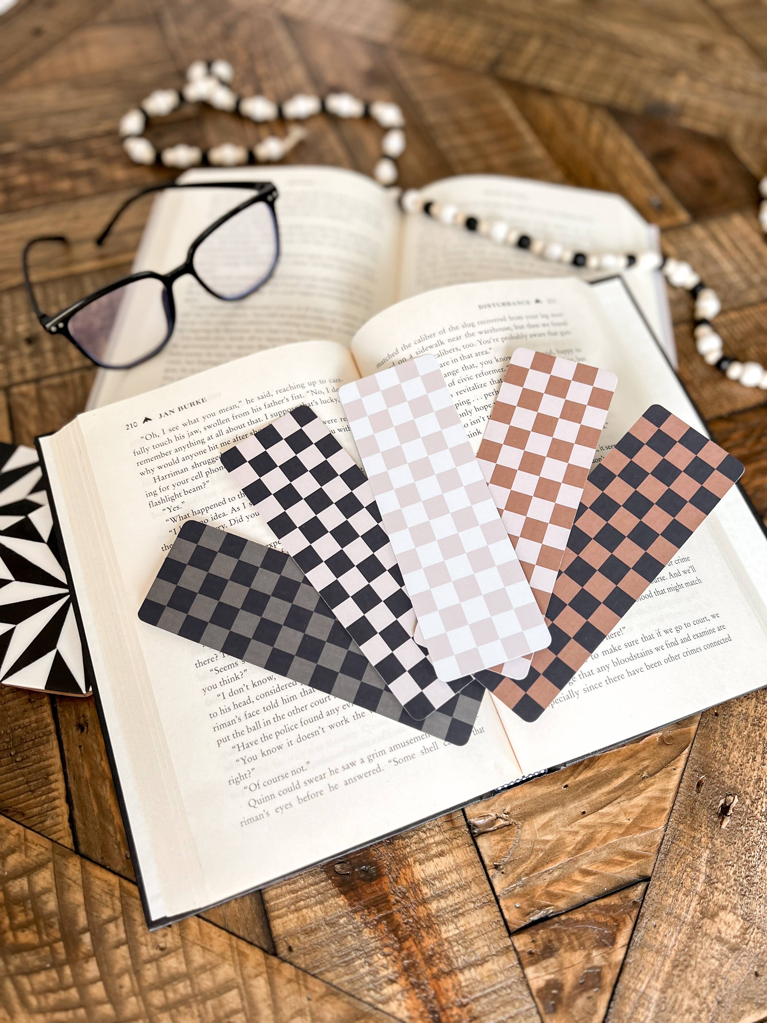 Neutral Checkered Bookmark: Caramel on Beige / Soft Touch Matte