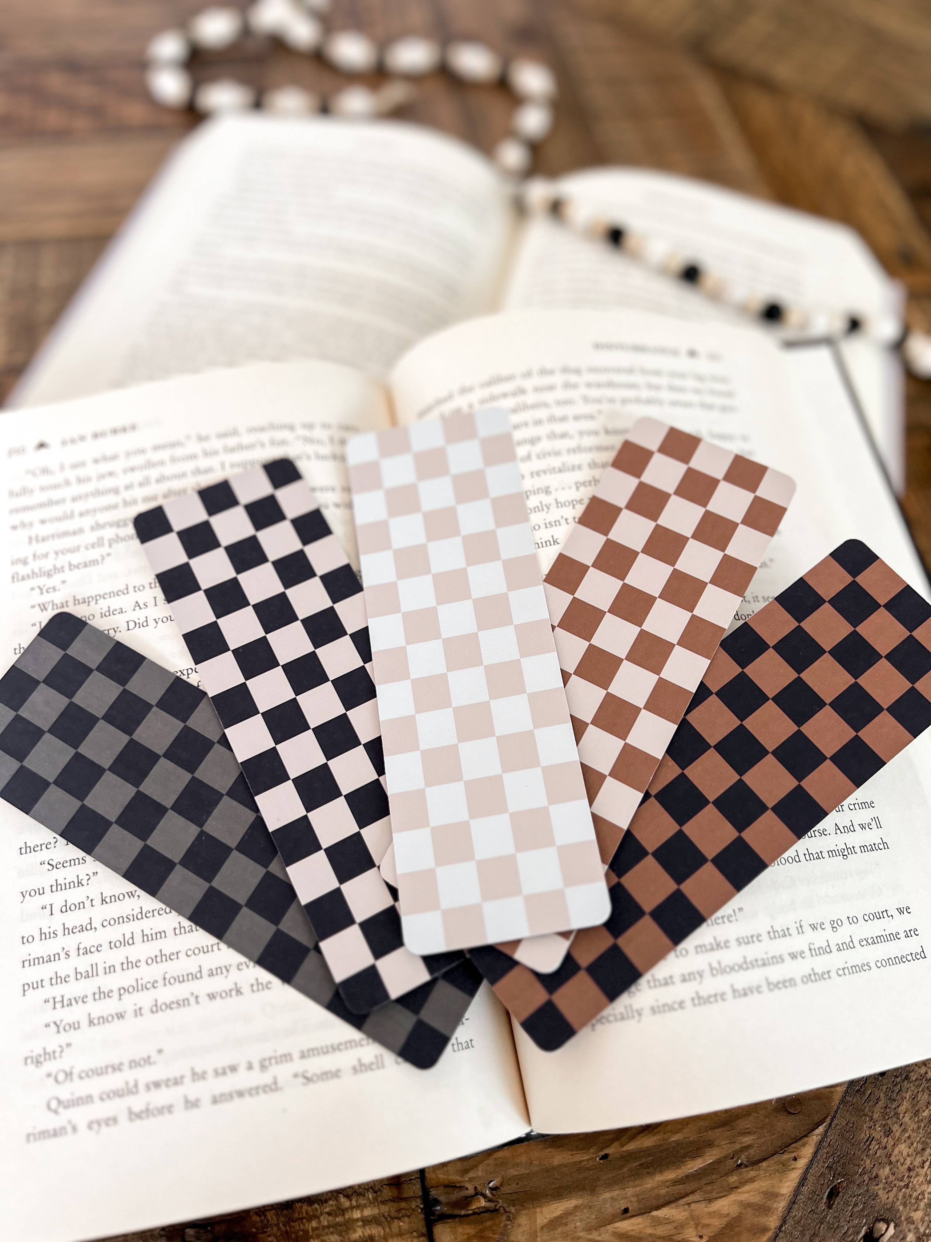 Neutral Checkered Bookmark: Caramel on Beige / Soft Touch Matte