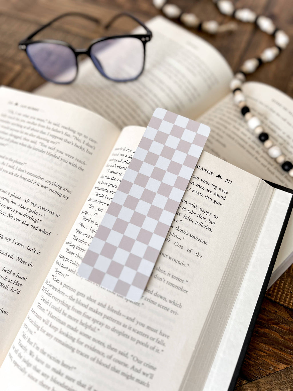 Neutral Checkered Bookmark: Caramel on Beige / Soft Touch Matte