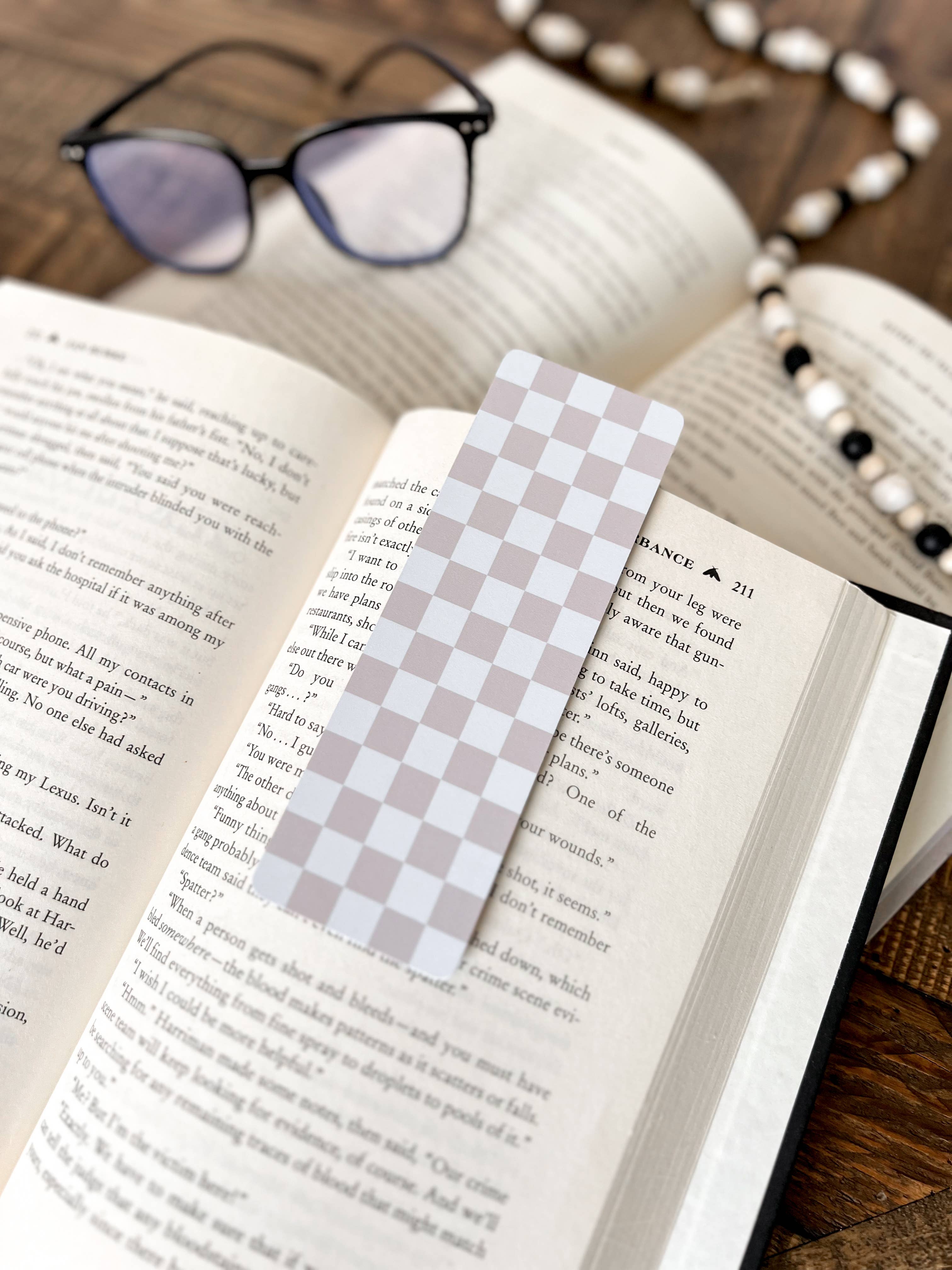 Neutral Checkered Bookmark: Caramel on Beige / Soft Touch Matte