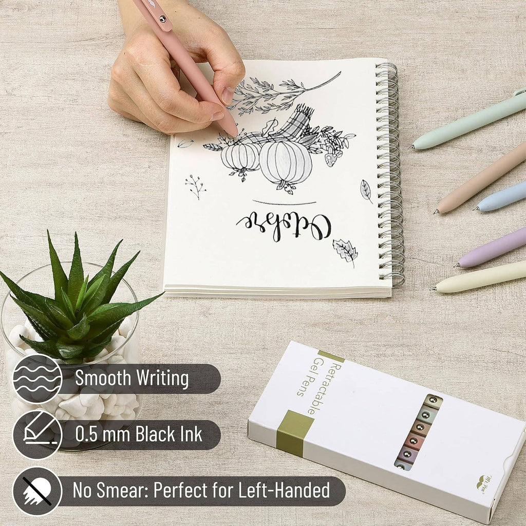 Retractable Gel Pens, 6 Pack, 0.5mm Fine Point, Pastel Color Barrels, Black Ink: Standard