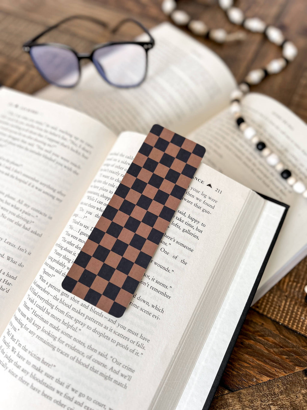 Neutral Checkered Bookmark: Caramel on Beige / Soft Touch Matte